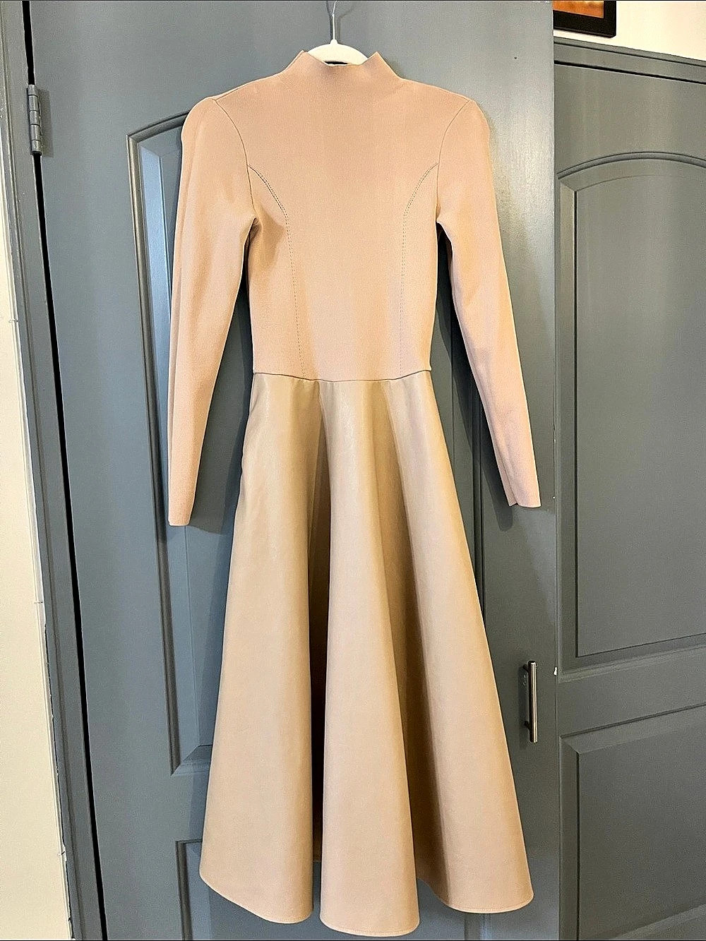 Ted Baker Oneida Mock Neck Midi Dress with Faux Leather Skirt Beige Size 0